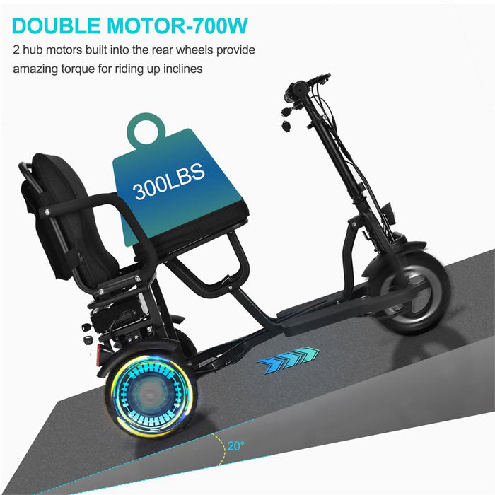 MotoTec Folding Mobility Electric Trike 48v 700w Dual Motor Lithium Black Electric Mobility Trikes MotoTec   