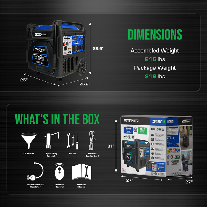 DuroMax XP9500iH 9,500 Watt Portable Dual Fuel Inverter Generator w/ CO Alert Generators DuroMax   