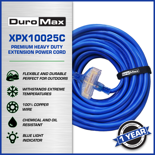 DuroMax XPX10025C Heavy Duty SJEOOW 25-Foot 10 Gauge Blue Triple Tap Extension Power Cord Power Cords DuroMax   