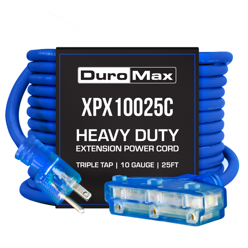 DuroMax XPX10025C Heavy Duty SJEOOW 25-Foot 10 Gauge Blue Triple Tap Extension Power Cord Power Cords DuroMax   